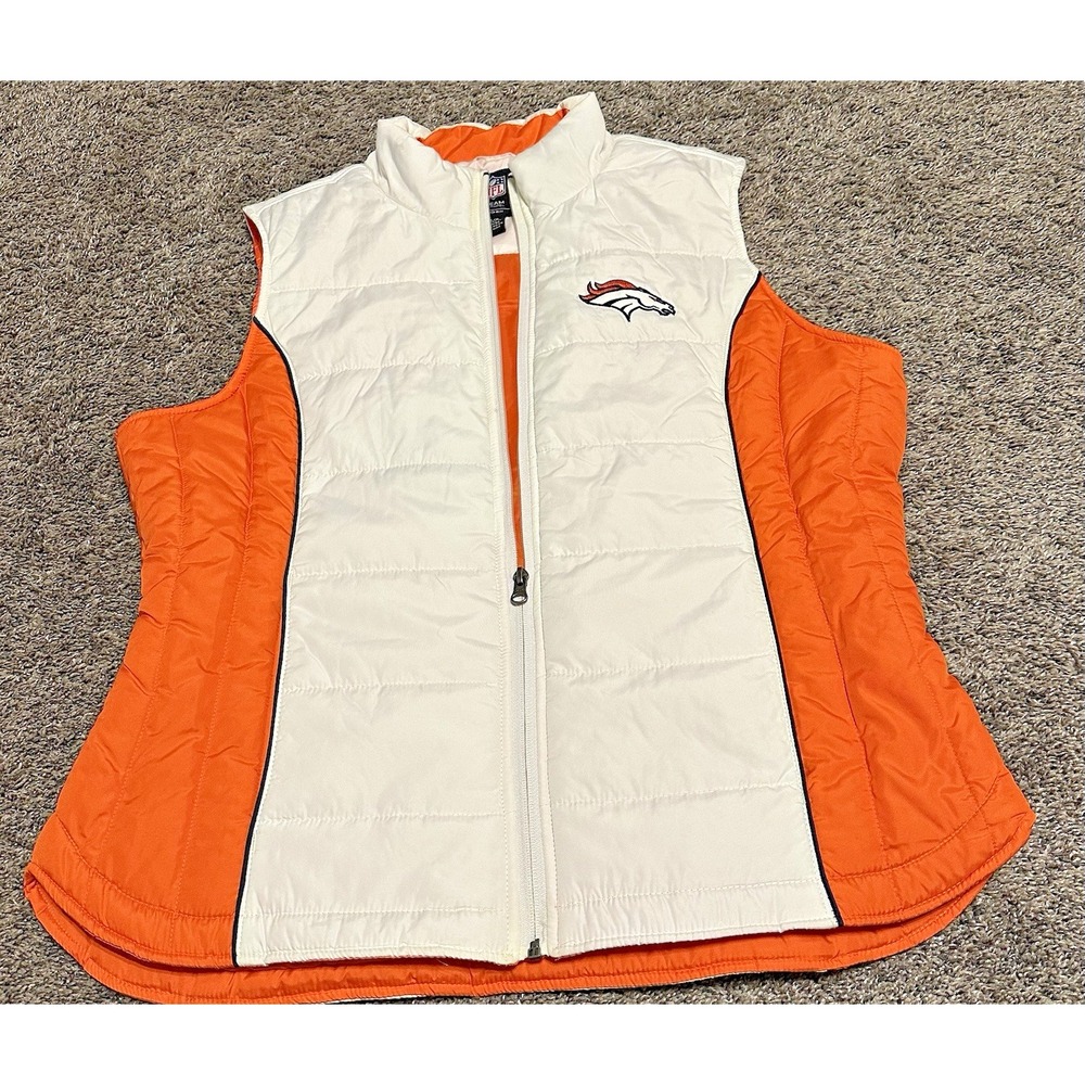 Team NFL Denver Broncos Puffer Vest Women Size L White & Orange Emboider Logo